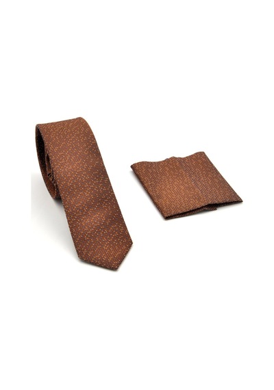 Gaffy Beyaz Noktalı Mavi Kareli Kahverengi Dokuma Kumaş Mendilli Slim Fit Kravat // SDK-240101 Kahverengi