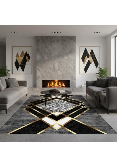 Gri Ve Altın Renklerde Modern Geometrik Desenli Dijital Baskılı Halı Kaymaz Tabanlı, Üçgen Ve