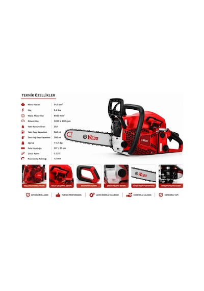 Algaride Wedo CS581 54.5CC Benzinli Motorlu Testere 2.4KW 50 CM Pala 3/25 Zincir Profesyonel Ağaç Kesim Motoru