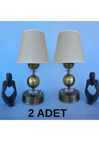 Abajur, Dekoratif Pilli Abajur Eskitme Metal Ayaklı Bej Kumaş Başlıklı Şık Masa Lambası 2'li Set