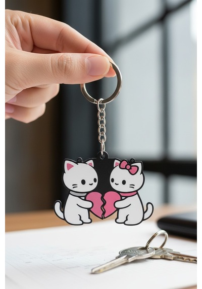 Kalp Tutan Kedi Figürlü Çift Anahtarlık