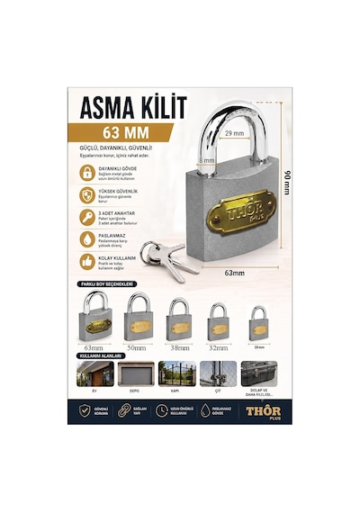 Büyük Boy Asma Kilit 63 Mm 1 Adet Thor Plus Paslanmaz Metal Asma Kilit Dayanıklı Yedek Anahtarlı Zincir Kapı Bahçe