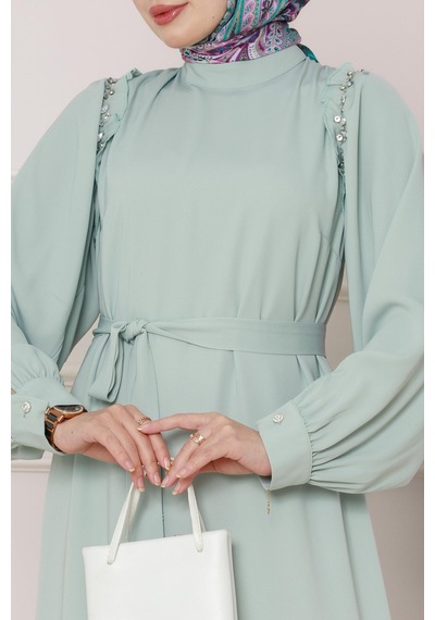 Sevitli Omuzu Taş Detaylı Rose Elbise-mint Yeşili-4775 Mint Yeşili