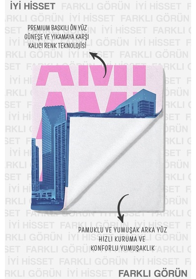 Miami Yazılı Amerika Temalı Plaj Havlusu - Pembe Mavi Skyline Havuz Deniz Banyo Sahil Örtüsü İnci Zeytin