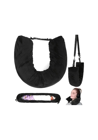 Gaojunshop01 Ayarlanabilir Doldurulabilir Seyahat Boyun Yastığı Gri Taşınabilir Katlanır Yumuşak