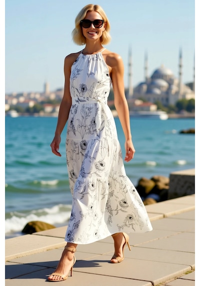 Benerly Kadın Halter Yaka Kolsuz Maxi Elbise Animal Desen Kuşaklı A Kesim Ekru