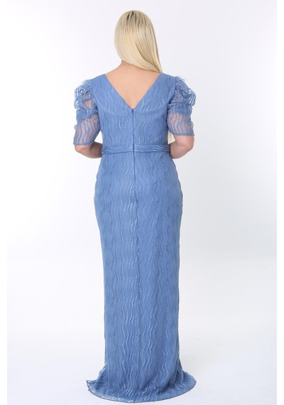 Ladies First Büyük Beden 3442 İndigo Uzun Abiye Elbise 001