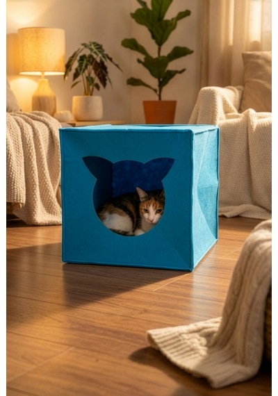 Mavi Keçe Kedi Yuvası Dekoratif Mama Kabı Altlığı Hediyeli Organizer Düzenleyici Katlanabilir