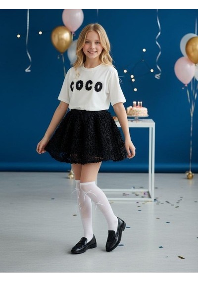 Zekids Kız Çocuk Tasarım Çiçek İşlemeli Etekli Takım-16525 Beyaz Siyah