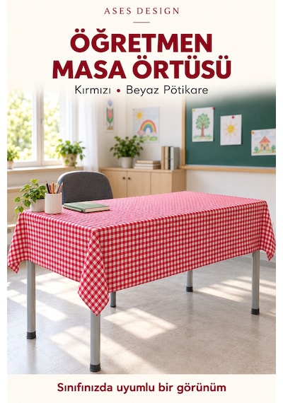 Kırmızı Beyaz 15'li Lastikli Sıra Örtüsü, 100x140 Cm Öğretmen Masa Örtüsü Hediye