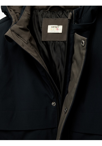 Koton Uzun Kollu Çıtçıt Detaylı Cepli Slim Fit Kapşonlu Mont Lacivert 6wkb00017tw Lacivert