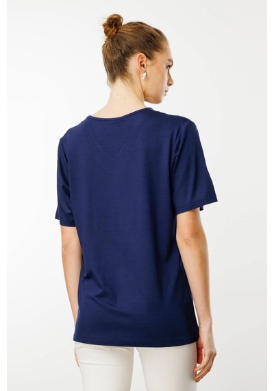 Desen Triko Kadın V Yaka Yakası Taşlı Penye T-shirt 25751 Lacivert Lacivert