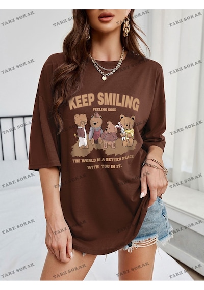 Flood Of Style Unisex Bay Ayı Ve Slogan Grafikli Düşük Omuz Tişört Kod-1339 Kahverengi