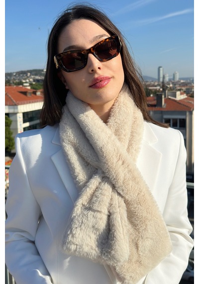 Mollycrush Kadın Bej Peluş Atkı Yumuşak Dokulu Premium Kışlık Bej