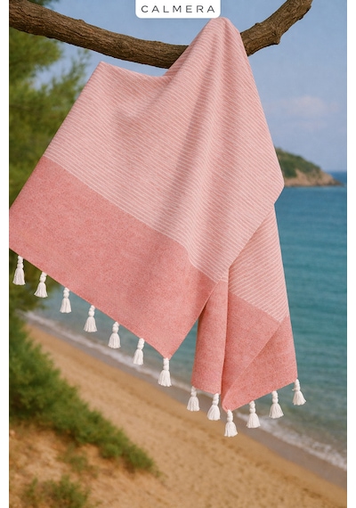 Calmera Çizgili Peştemal Pamuk - Doğal Saçaklı Plaj, Deniz, Havuz, Spa, Sauna, Spor, Seyahat Havlu - Kırmızı