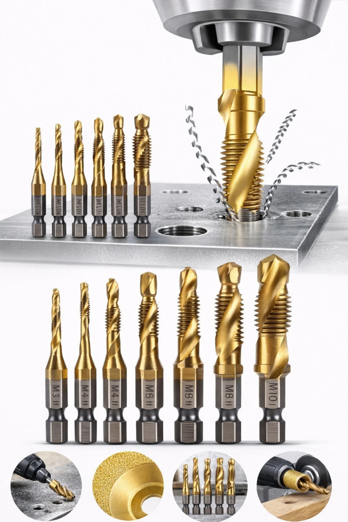 1/4 Bits Kendinden Matkap Uçlu Kılavuz Seti M3 M4 M5 M6 M8 M10 Diş Açma Matkap Uçları