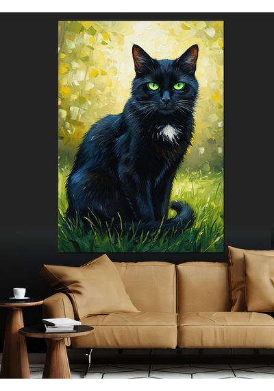 Karizma Tablo Siyah Kedi Yeşil Göz Dekoratif Kanvas - Mdf Ahşap Tablo