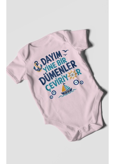 Morivokids Dayım Yine Bir Dümenler Çeviriyor Kısa Kollu Bebek Body %100 Pamuk Bebe Pembe