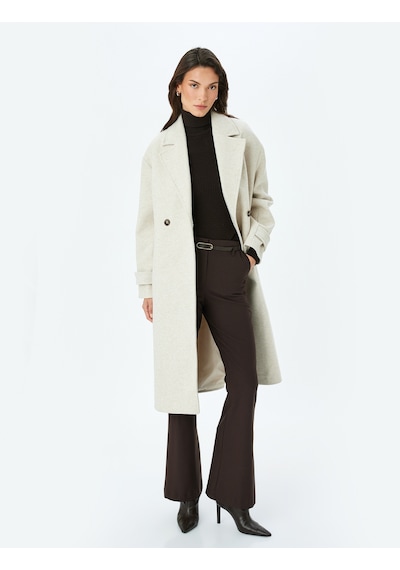 Koton Kruvaze Düğmeli Uzun Oversize Kaşe Kaban Bej 5wak00385ew Bej