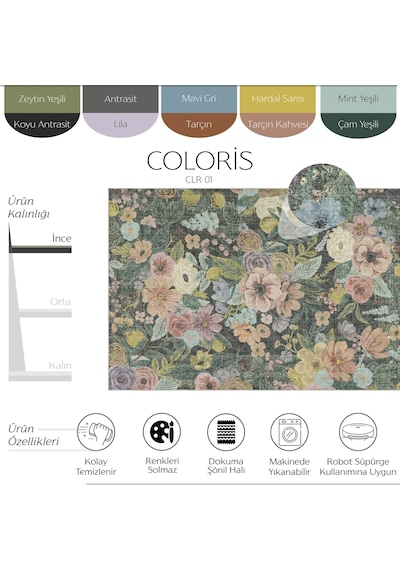Cool Halı Coloris Renkli Çiçekli Şönil İnce Yıkanabilir Dekoratif Yazlık Balkon Oturma Odası Halısı
