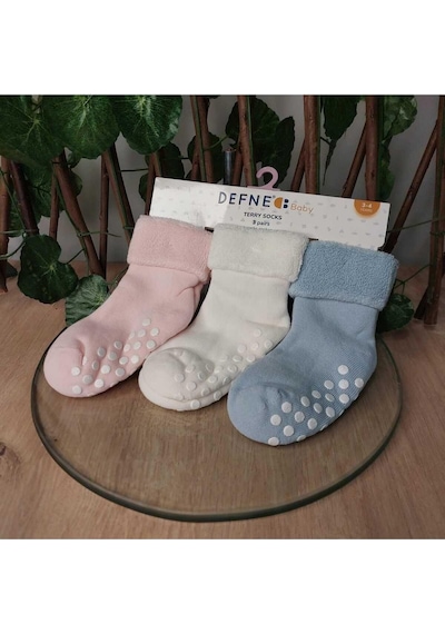 Defne Baby 5-6 Yaş 3 Çift Havlu Pamuklu Kaydırmaz Taban Kışlık Kız Çocuk Ve Bebek Soket Çorap-593 Mavi