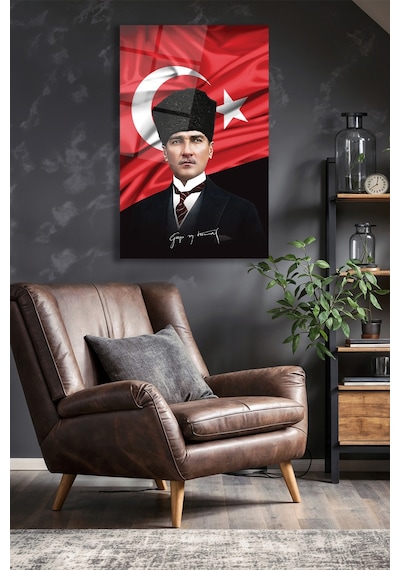 Atatürk Portre Ve Türk Bayrağı Dikey Cam Tablo Evlika, Modern Duvar Dekoru , Kurum Ofis İş Hediyelik Tablo