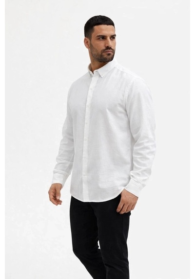 Erkek Keten Kumaş Oversize Uzun Kollu Rahat Kalıp Gömlek - Beyaz