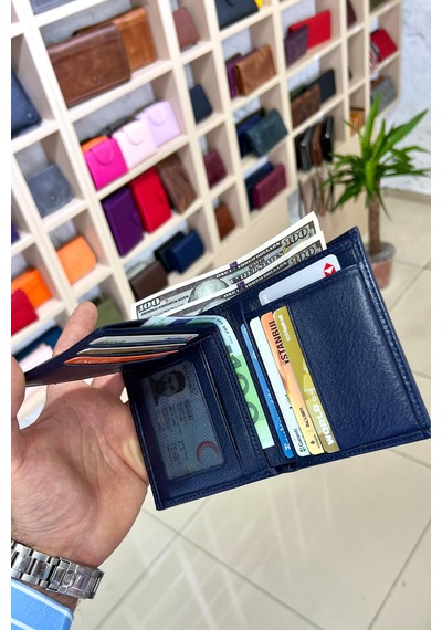Masjen Lacivert Erkek Hakiki Deri Dikey Kibar Model Cüzdan Lacivert
