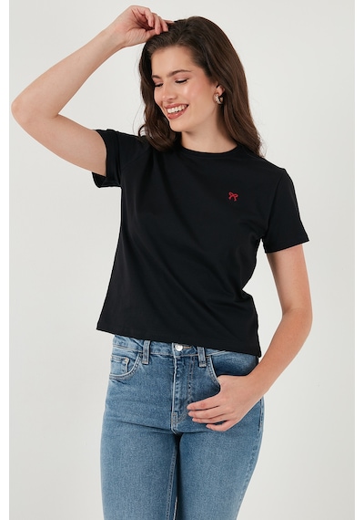 Lela Pamuklu Slim Fit Bisiklet Yaka Minimal Işleme Detaylı Bayan T Shirt 5866398 Siyah