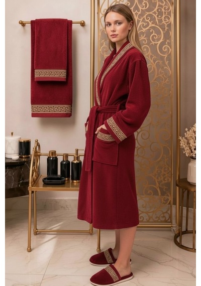 Premium %100 Pamuk Unisex Şalyaka Cepli Bornoz Seti 4 Parça Havlu Terlik Takımı Kırmızı Kırmızı