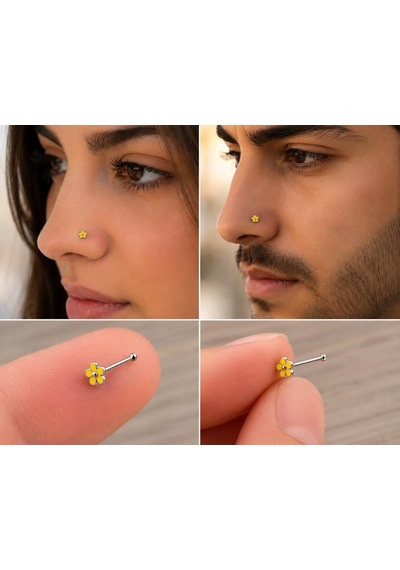 925 Ayar Gümüş Burun Hızması Turuncu Çiçek Desenli Minimal Nose Stud Kadın Erkek Unisex 8 Mm Gri