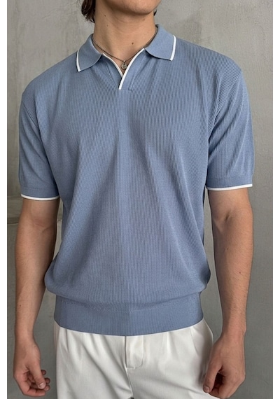 Erkek Oversize Selanik Polo Yaka Triko T-shirt Açık Mavi