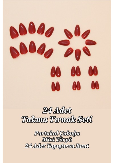 Kısa Badem 24 Adet Kırmızı Takma Tırnak Seti W1634 Kırmızı