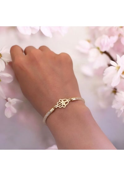 Ü Harfine Özel Hamsa Motifli 14 Ayar Altın Plakalı Hasır Kordonlu Hediye Bileklik-499harf Ü
