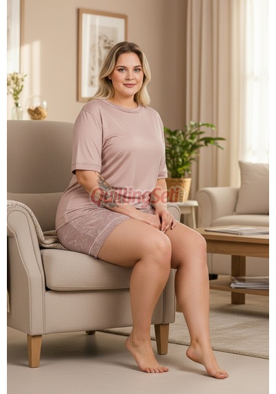 Lady Pudra Renk Çiçek Desenli 10446 Şortlu Büyük Beden Anne Pijama Takımı - 4xl
