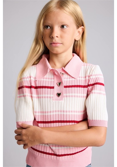 Defacto Regular Fit Kısa Kollu Fitilli Polo Yaka Kazak Kız Çocuk I1714a826aurd56 Kırmızı-rd56