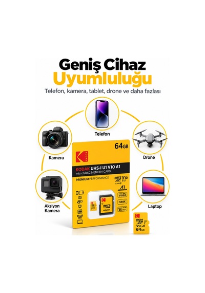 64gb Microsdxc Hafıza Kartı Uhs-ı U1 V10 A1 85 Mb/s Full Hd Sd Adaptörlü