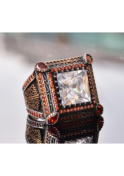 Sert Gümüş Erkek Yüzük - Yapay Kristal Taş - Vintage Tasarım Gümüş