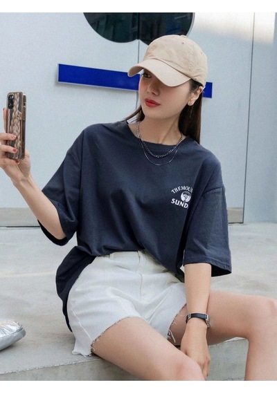 Flood Of Style Kadın Lacivert Mountaın Oversize Bisiklet Yaka Tshirt