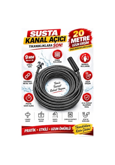 9 Mm 20 Metre Susta Kanal Açıcı Spiral Manuel Gider Açma Teli, Lavabo Mutfak Banyo Tıkanıklık Aç