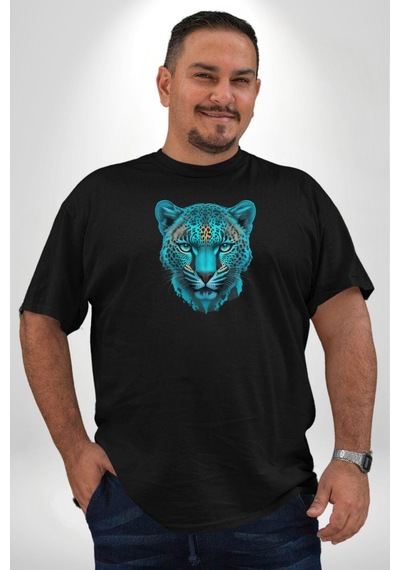 Angemiel Yeşil Leopar Kafası Siyah Büyük Beden Erkek Kadın Unisex Basic Ön Baskılı Tişört Siyah