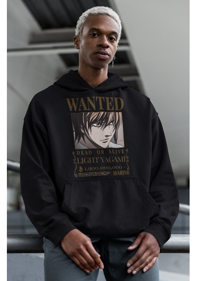 Sevbano Wanted Light Yagami Baskılı Unisex Oversize Anime Hoodie Siyah