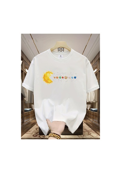 Caddemia Yaz Moda Rahat Gevşek Güneş Sistemi Gezegenler Baskı Spor Yuvarlak Boyun K Beyaz 2XL