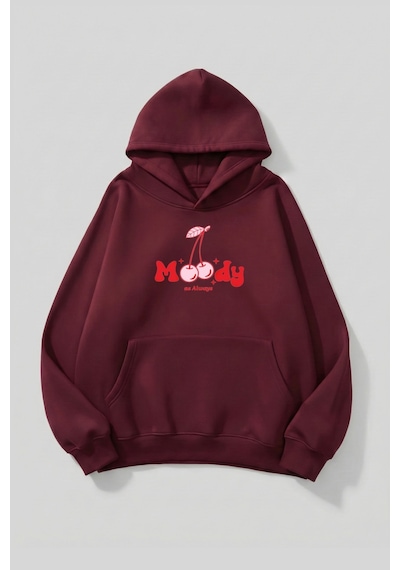 Uyguntarz Unisex Yumuşak Dokulu Moody Cheery Baskılı Tasarım Oversize 3 İplik Hoodie Sweatshirt Bordo