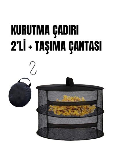 Tineke 2 Katlı Fermuarlı Meyve Sebze Kurutma Filesi Katlanabilir Doğal Kurutma Sepeti Siyah Siyah