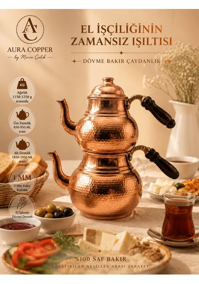 Aura Copper El İşlemeli Bakır Çaydanlık Seti 1 Mm Üst 850-950 Ml Alt 1850-1950 Ml 27 Cm Parlak Bakır