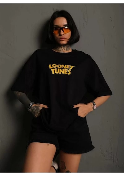 Assema Kadın Bisiklet Yaka Baskılı Oversize Kısa Kol T-shirt - Siyah Çok Renkli