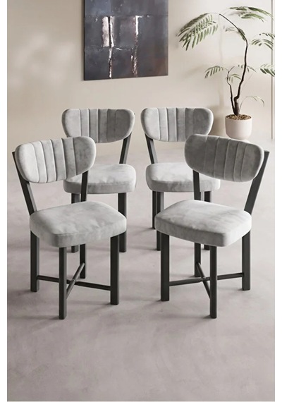 4 Adet Kumaş Döşemeli Metal Ayaklı Modern Sandalye Seti Açık gri
