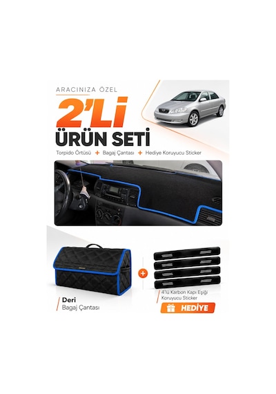 Toyota Corolla E130 2000-2006 Uyumlu Torpido Örtüsü + Deri Bagaj Çantası + Sticker - Siyah Mavi
