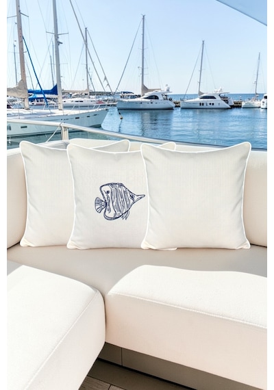Kırlent Kılıfı 45x45 3'lü Set Marin Nakışlı Balık Desen Su İtici Outdoor Keten Tekne Bahçe Krem